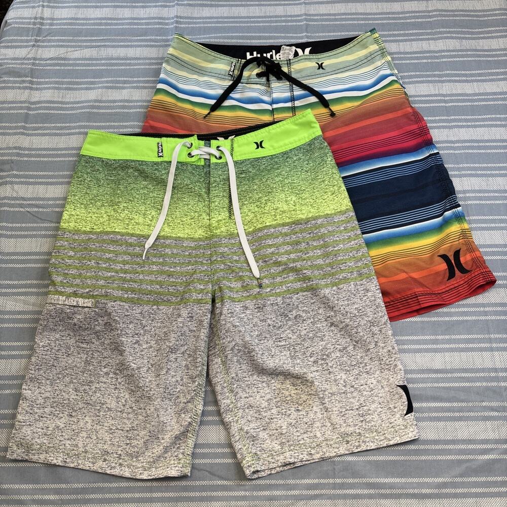 Hurley Board Swim Trunks Shorts Colorful Striped Logo Pocket Tie - Picture 1 of 11